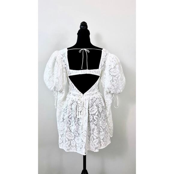 For Love & Lemons Frances Puff Sleeve Mini Dress in White Small Floral Cutout - Picture 2 of 5